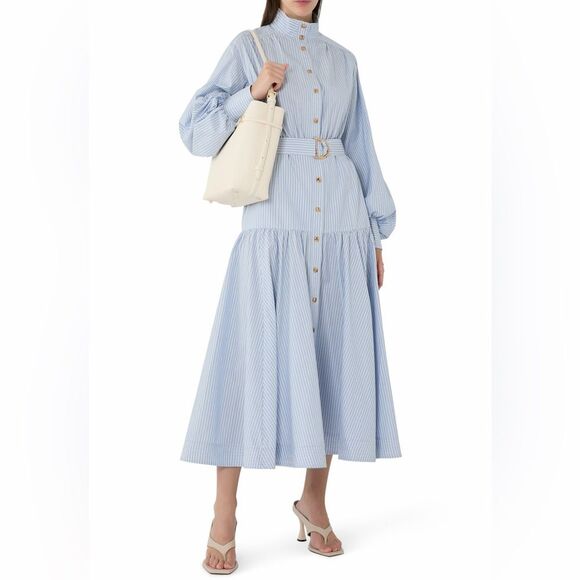 ZIMMERMANN Light Blue Striped Long Sleeve Utility Midi Dress, size 0 - Picture 2 of 16